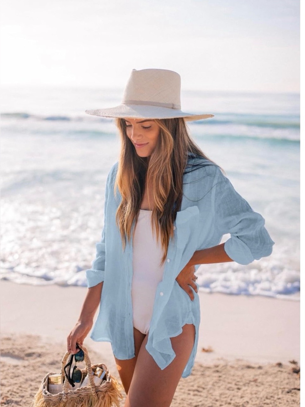 💙 Baby Blue Oversized Button-Up Cover-Up – Size Small
